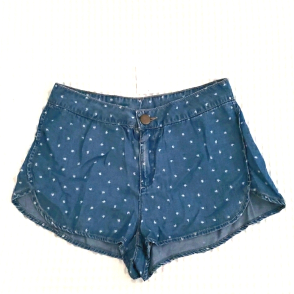 BDG blue polka-print chambray high-waisted flatfront summer vacation shorts 0